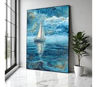 XBTYKPB Voilier paisible sur l'océan bleu, toile abstraite à thème nautique, reflet de la mer, peinture de paysage marin, impressions (60x90cm/sans cadre)