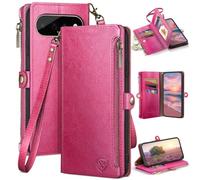 XcaseBar Compatible avec Google Pixel 11 Pro XL 6,8" avec fermeture éclair et porte-cartes de crédit【Protection RFID】Étui de téléphone à rabat antichoc pour homme et femme pour Pixel 11 Pro XL, rose