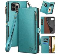 XcaseBar Étui portefeuille pour iPhone 14 Pro Max 6,7" avec fermeture éclair et porte-cartes de crédit Blocage RFID - Étui à rabat en cuir synthétique résistant aux chocs pour homme et femme - Bleu vert