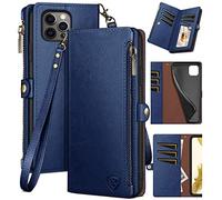 XcaseBar Étui portefeuille pour iPhone 14 Pro Max 6,7" avec fermeture éclair et porte-cartes de crédit Blocage RFID - Étui à rabat en cuir synthétique résistant aux chocs pour homme et femme - Bleu