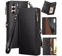 XcaseBar Étui portefeuille pour Samsung Galaxy S21FE avec fermeture éclair, porte-cartes de crédit, blocage RFID, étui à rabat en cuir synthétique résistant aux chocs pour femme et homme pour Samsung S21FE Noir