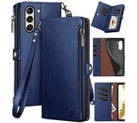 XcaseBar Étui portefeuille pour Samsung Galaxy S21FE avec fermeture éclair, porte-cartes de crédit, blocage RFID, étui à rabat en cuir synthétique résistant aux chocs pour femme et homme pour Samsung S21FE Bleu