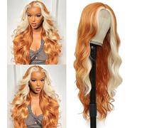 xccoco Perruque longue ondulée de 76,2 cm de long, perruque de mouffette à rayures synthétiques longues ondulées orange avec mèches blondes pour femme