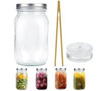 XCDMJ Kimchi Mason Jar Bocaux transparents avec couvercles 1 l avec pince en bois, poids avec poids de fermentation et couvercle à visser, bocaux de fermentation Kimchi Bocaux de conservation