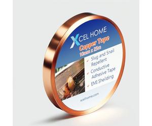 Xcel Home Ruban Cuivre UK (10mm X 25m), Ruban Cuivre Anti Limace pour Jardins, Protection des Plantes - Feuille De Cuivre pour Circuits, Réparations, Blindage Emi - DIY Arts and Crafts Stained Glass