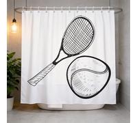 xchduo Rideau de Douche 180x180 Raquette de Tennis, Anti Moisissure 3D Imprimé Tissu Imperméable Polyester Noir et Blanc Rideaux de Douche avec Anneaux
