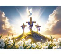 XCKALI Toile de fond avec croix de Jésus de Pâques, ciel, nuages, soleil, il est ressuscité, Seigneur de Pâques chrétien, fond pour photographie de nouveau-né, bébé, enfants, décoration de fête, 2,4 x