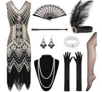 XCMVCN 12 Pièces Robe Années 1920 à col en V Inclus Accessoire Annee 20, Robe à Clapet à Franges Années avec Ensemble d'accessoires Des années 20（Noir et or,XL）