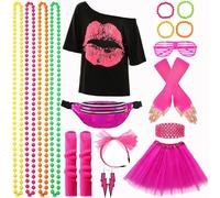 XCMVCN Kit Déguisement Année 80 Accessoire Femme, Disco Costume Vêtements Années 80 Néon Tenu 80s Thème Soirée Carnaval Femme (Couleur rose,XL)