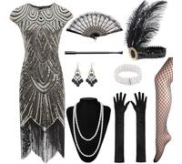 XCMVCN Lot de 12 robes Charleston années 1920 - Col en V - Paillettes et perles - Robe Gatsby - Avec accessoires des années 20 pour costume de carnaval (noir + or, XL)