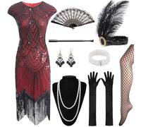 XCMVCN Lot de 12 robes Charleston années 1920 - Col en V - Perles et franges - Robe Gatsby - Avec accessoires des années 20 pour costume de carnaval (noir + rouge, S)