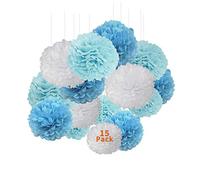 XCOZU 15 Pièces Fleur Pompon Papier de Soie, Boule Décorations pour Mariage, Fête de Vacances, Anniversaire - Blanc et Bleu