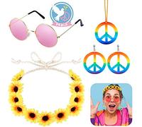 XCOZU Accessoires Hippie, Collier Hippie Accessoire Hippie, Collier Peace and Love/Rose Lunette Ronde Hippie/Bandeau de Tournesol pour Fournitures de Fête, Plage, Photographie, Voyages