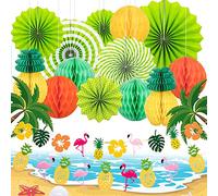 XCOZU Ensemble de Décorations de Fête d'été, Décorations de fête Hawaïennes en Papier à Suspendre, Décorations de Fête Tropicale/Plage avec éventails en Papier et Flamant Rose, Guirlande de Fleurs