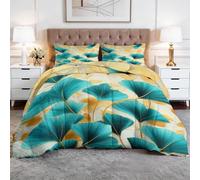 XCQHZYQ Couette 140x200 cm 4 Saisons Art Nature Feuilles de Ginkgo et Marbre Couette Imprimée 1 Personnes Turquoise Chaude Réversible avec 2 Taies d'oreiller, Ensemble de Lit Microfibre Douce