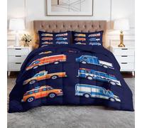 XCQHZYQ Couette Enfant 140x200 cm, Couette 4 Saisons sans Housse Dessin Animé Camion de Pompiers et Ambulance Bleu Marine, Edredon Hiver Été Imprimée Chaude Anti Acarien - avec 2 Taies d'oreiller