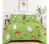 XCQHZYQ Couette Enfant 140x200 cm, Couette 4 Saisons sans Housse Dessin Animé Mignon Lapin Champignon Vert Sauge, Edredon Hiver Été Imprimée Réversible Chaude Anti Acarien - avec 2 Taies d'oreiller