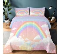 XCQHZYQ Couette Enfant 160x200 cm, Couette 4 Saisons sans Housse Étoile Nuage Arc-en-Ciel Kawaii Rose, Edredon Hiver Été Imprimée Réversible Chaude Anti Acarien - avec 2 Taies d'oreiller 65x65 cm