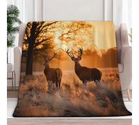 XCQHZYQ Plaid Couverture Polaire Flanelle 130x170 cm, Jeté de Canapé Coucher De Soleil Cerf Animal Microfibre Doux Chaud Epaisse Couleur Orange Couvre-Lit Sofa Couverture lit 1 Personne
