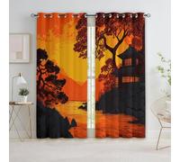 XCQHZYQ Rideau Occultant Style Japonais Paysage Architecture, Rideaux Thermiques à Oeillets Orange pour Salon Chambre Fenetre, Enfant Adolescents Lot De 2 Anti UV Décoration de Fenêtre, L140 x H160 cm
