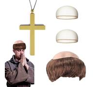XCSJ Lot de 4 perruques de moine - Perruque de moine Tonsur prêtre - Perruque demi-calotte en latex - Costume de moine médiéval - Perruques amusantes pour Halloween, cosplay, fête, carnaval (marron)
