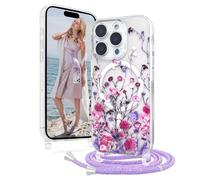 XCuihulle Magnétique Coque pour iPhone 15 Pro avec Cordon Housse Silicone Étui en Transparent avec Motif de Fleurs Peintes Anti-Jaunissement Collier Réglable Téléphone Étui Lanyard Case-Violet
