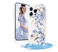 XCuihulle Magnétique Coque pour iPhone 16 Pro avec Cordon Housse Silicone Étui en Transparent avec Motif de Fleurs Peintes Anti-Jaunissement Collier Réglable Téléphone Étui Lanyard Case-Bleu