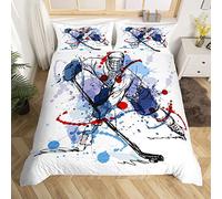 XCWDC Housse de Couette 140x200 Joueur de Hockey sur Glace Bleu, Parure de Lit 2 Personnes 3D Imprimée 110GSM Microfibre & 2 Taies d'oreiller 65x65 cm pour Enfant Adulte, avec Fermeture éclair