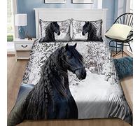XCWDC Housse de Couette 780x200, Animal Cheval Noir Thème Parure de Lit 1 Personnes Imprimée 3D Microfibre, 2 Taies d'oreiller 65x65 cm avec Fermeture éclair