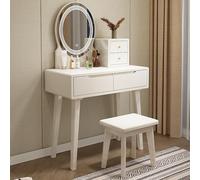 XDAWQP Coiffeuse de maquillage en bois massif avec armoire de rangement intégrée, miroir, lumières et chaise, petite coiffeuse pour chambre, bureau en bois naturel, blanc 31,5 pouces