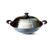 XDAWQP Wok pour Induction Grande Marmite en Fonte Binaurale Non Revêtue en Acier Inoxydable avec Couvercle en Verre pour Cuisinières À Gaz S'Applique Tradition Wok Ant,38cm