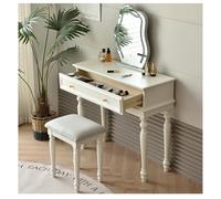 XDCXYD Ensemble De Coiffeuse en Bois Massif Table De Maquillage Tabouret avec Tiroirs Et Miroir Rembourré pour Chambre Et Salon pour Filles Et Femmes(Warm White)