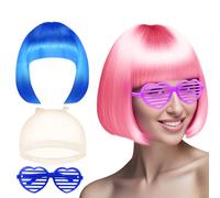 XdealCozyxc Lot de 2 perruques synthétiques droites au carré rose et bleu avec lunettes de soleil et bonnet de perruque pour femme