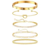 XdealCozyxc Lot de 5 bracelets de tennis réglables pour femme Plaqué or, taille unique, Acier inoxydable, Pas de gemme