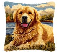 XDEGHUANGSS Golden Retriever Kit de Crochet à Loquet Coussin,Chien DIY Crochet à la Main Kits Artisanat pour Adultes Broderie Débutants Décoration d'intérieur,43x43cm