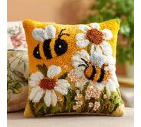 XDEGHUANGSS Kit Canevas à Nouer Coussin 43x43cm,Ensemble DIY Crochet à Loquet pour Enfants et Adultes,Activité Créative,Housse d’Oreiller Fait Main,Fleurs et abeilles