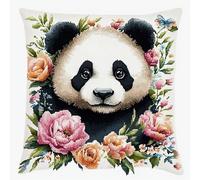 XDEGHUANGSS Kit Coussin Au Point Noué,DIY Couture Crochet Crochet Oreillers Coussins,Kit Tapis Point Noué,Kits De Broderie Point De Croix pour Débutants Adultes 43x43cm,Fleurs Panda