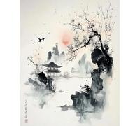 XDEGHUANGSS Kit de broderie au point de croix,Peinture à l'encre classique chinoise,Kits de croix pour adultes,Kits de croix comptés faciles pour débutants,16x20 pouces 11CT