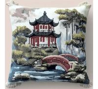 XDEGHUANGSS Kit de Coussin au Point Noué 43x43cm avec Crochet à Loquet,Tapisserie DIY avec Toile Pré-imprimée,Activité de Loisirs Créatifs pour Déco Maison et Cadeau Fait Main,Jardin chinois