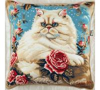 XDEGHUANGSS Kit de Coussin avec Crochet à Loquet,Chat rose point noué kit de taie d'oreiller à crochet,43×43cm création de Coussin et Canvas,Tapis Point Noué set