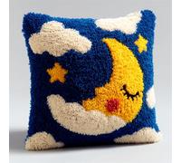 XDEGHUANGSS Kit de Création DIY Coussin au Point Noué avec Crochet à Loquet,Tapis Décoratif et Coussin Moelleux 43x43cm,Latch Hook Canevas pour Débutants,Étoiles et lune