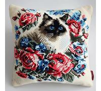 XDEGHUANGSS Kit de Crochet à Latch DIY Fait Main,Taie d'Oreiller Motifs Créatifs,Pack Complet pour Artisanat,Cadeaux Artistiques Personnalisés,Décoration Maison Cosy,43x43 cm，Birman et Rose