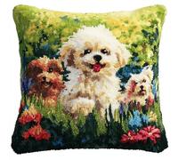 XDEGHUANGSS Kit de Crochet à Loquet DIY pour Housse de Coussin 43x43cm,Chiens joueurs,Ensemble Broderie et Couture Taie d'Oreiller,Activité Manuelle Créative pour Débutants et Décoration Maison