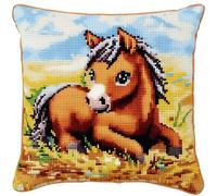 XDEGHUANGSS Kit de crochet de loquet,Kits Coussin au Point Noué,Tapis Point Noué Kit,Kits de Crochet de Verrouillage for Adultes Débutants Bricolage,43x43cm,Poney de dessin animé