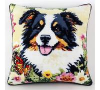 XDEGHUANGSS Kit de crochet de loquet,Kits Coussin au Point Noué,Tapis Point Noué Kit,Kits de Crochet de Verrouillage for Adultes Débutants Bricolage,43x43cm,Border Collie