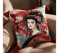 XDEGHUANGSS Kit de Crochet pour Débutants 43x43 cm,Loquet Crochet DIY,Fabrication de Housse de Coussin,Taie d'Oreiller Broderie Facile,Kit Complet avec Instructions,Geisha japonaise