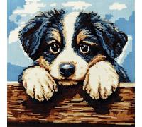 XDEGHUANGSS Kit Point Noué Á Faire Coussin Broderie Debutant DIY Latch Hook Kit Complet Decoration Maison Manuelle Loisir Créatif Embroidery 43x43cm,Chiot mignon