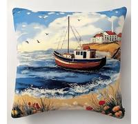 XDEGHUANGSS Loquet crochet Kits housse de coussin pré-imprimé toile fil au crochet artisanat taie d'oreiller canapé-lit oreillers décor à la maison 43x43cm Après-midi en bateau en bord de mer