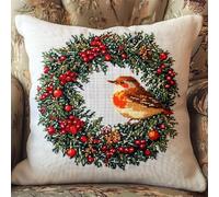 XDEGHUANGSS Projet créatif de crochet pour adultes,couronne de Noël avec oiseau,tapis à faire soi-même,kit de coussin et oreiller,loisirs créatifs relaxants,décoration de Noël et d'intérieur,43x43 cm