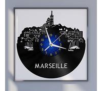 XDG Horloge Murale en Vinyle avec Vue sur la Ville de Marseille, Horloge Murale en Vinyle Noir 12 Pouces pour Cadeau créatif de Chambre à Coucher de Salon (12 Pouces B sans LED)